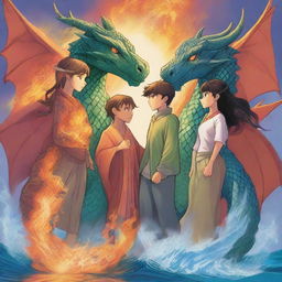 Four fierce friends stand together, two boys and two girls, each with a dragon behind them representing their elemental powers