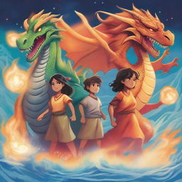 Four fierce friends stand together, two boys and two girls, each with a dragon behind them representing their elemental powers