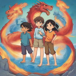 Four fierce friends stand together, two boys and two girls, each with a dragon behind them representing their elemental powers