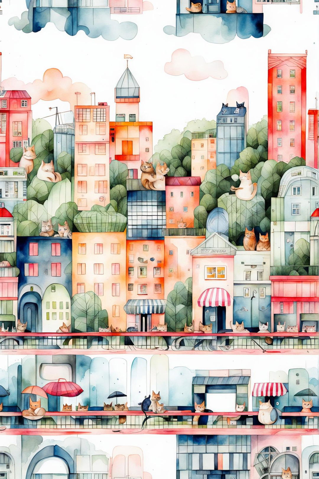 Create an engaging watercolour painting of cat city-themed wallpaper with anthropomorphic cats in various activities, diverse buildings, and a soft pastel gradient background