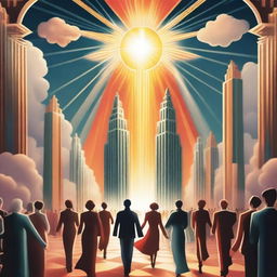 A breathtaking scene of the rapture, with people ascending towards a bright, fiery light into the sky, surrounded by clouds and a sense of divine presence