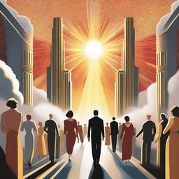 A breathtaking scene of the rapture, with people ascending towards a bright, fiery light into the sky, surrounded by clouds and a sense of divine presence