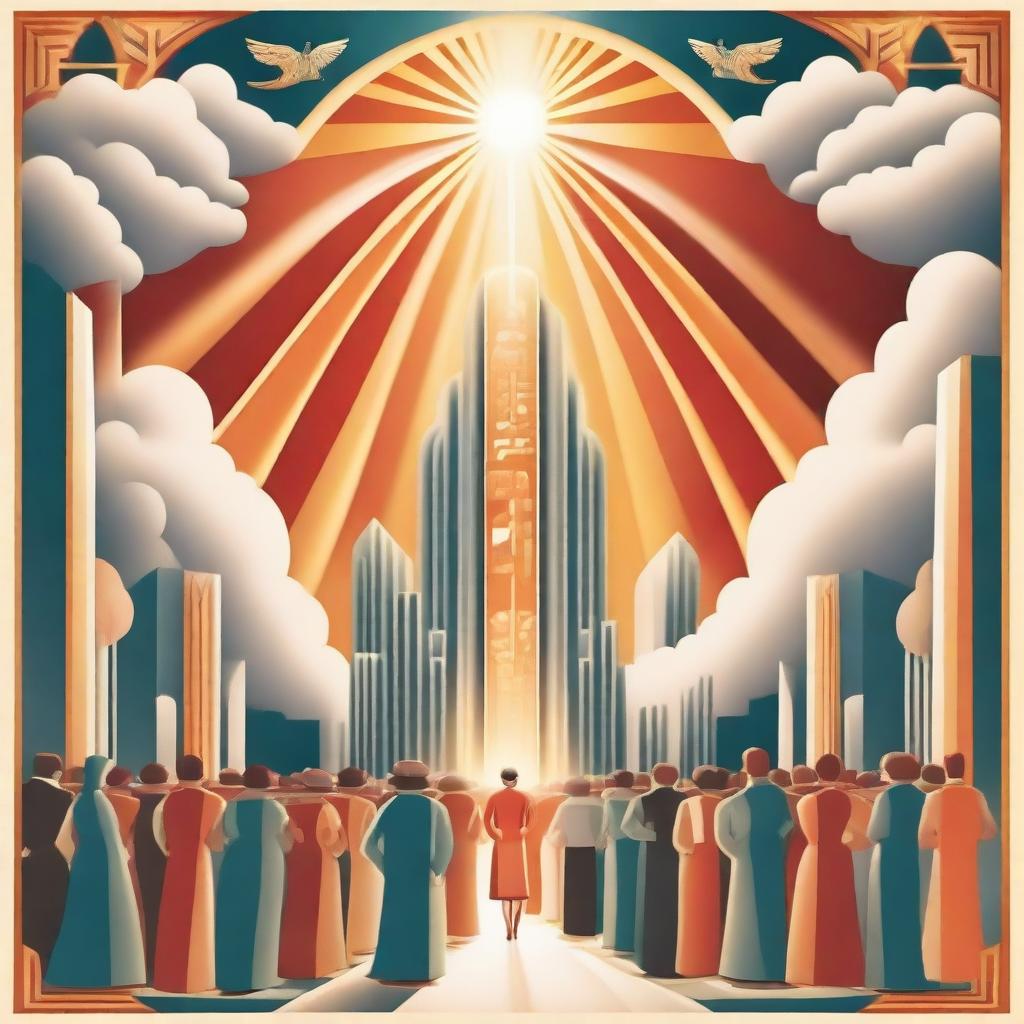 A breathtaking scene of the rapture, with people ascending towards a bright, fiery light into the sky, surrounded by clouds and a sense of divine presence