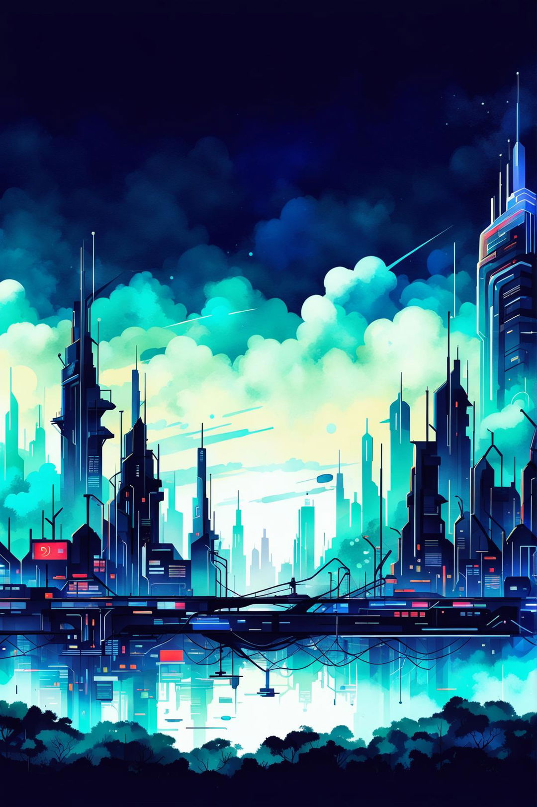 Create a fascinating watercolour painting of a futuristic city-themed wallpaper with high-tech buildings, flying cars, and advanced public transportation in cool tones with neon accents on a gradient background