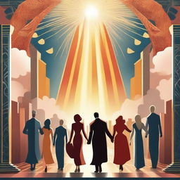 A breathtaking scene of the rapture, with people ascending towards a bright, fiery light into the sky, surrounded by clouds and a sense of divine presence