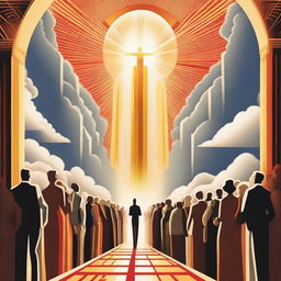 A breathtaking scene of the rapture, with people ascending towards a bright, fiery light into the sky, surrounded by clouds and a sense of divine presence