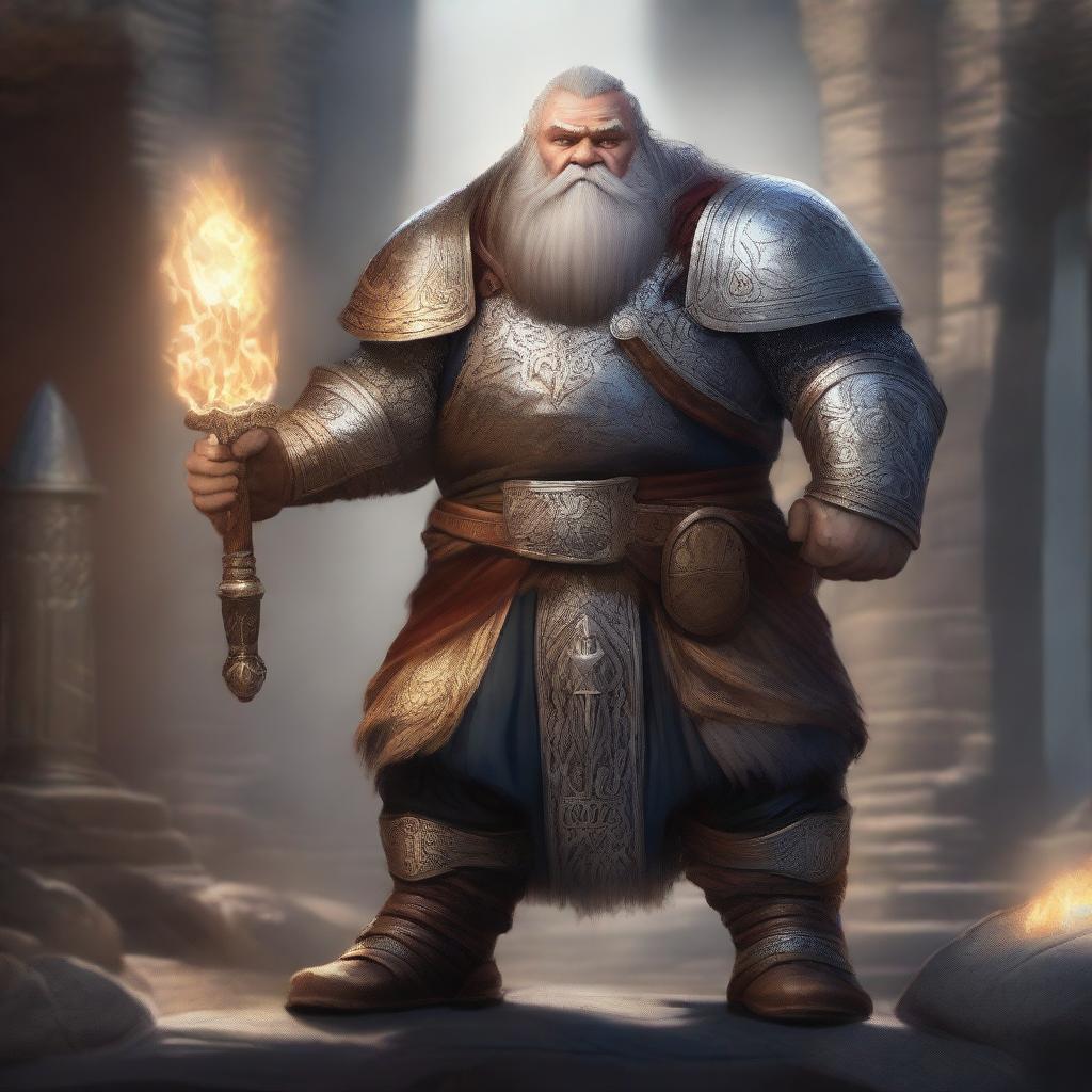 A realistic depiction of a dwarf paladin wielding a hammer imbued with holy light