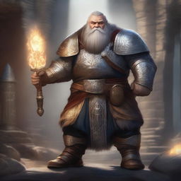 A realistic depiction of a dwarf paladin wielding a hammer imbued with holy light