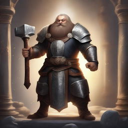 A realistic depiction of a dwarf paladin wielding a hammer imbued with holy light