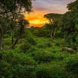 A vibrant and diverse ecosystem teeming with various forms of life. Lush green landscapes, wild animals in their natural habitats and a beautiful sunset.