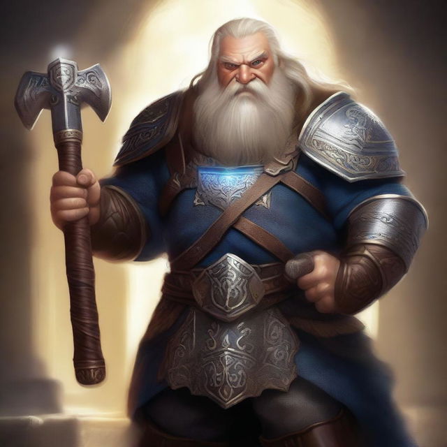 A realistic depiction of a dwarf paladin wielding a hammer imbued with holy light