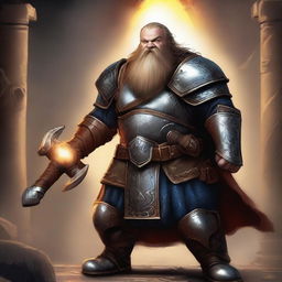 A realistic depiction of a dwarf paladin wielding a hammer imbued with holy light