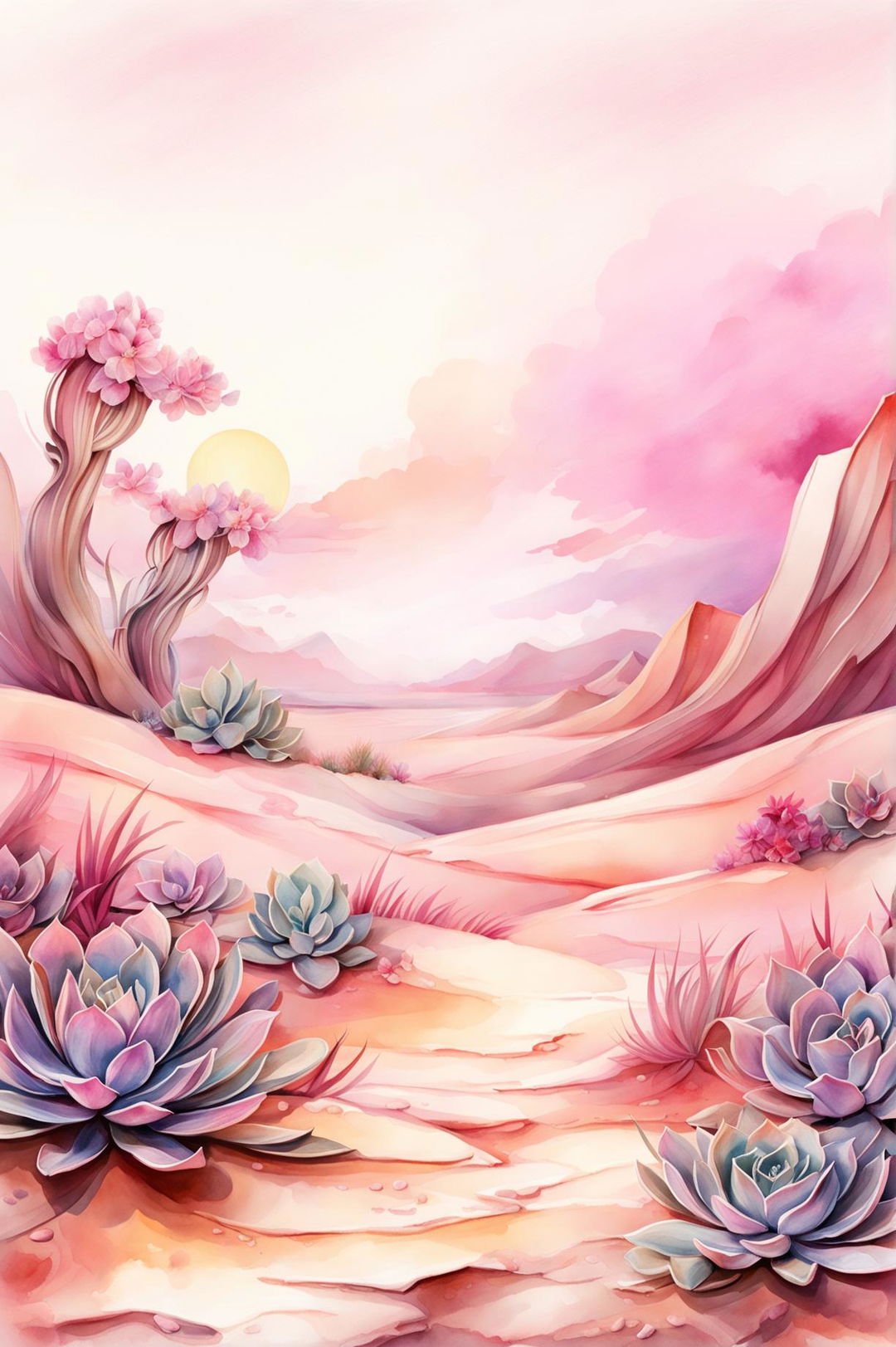 Create an intriguing watercolour painting of a pink desert-themed wallpaper with rolling sand dunes, desert flora, and a setting sun in warm and cool pastels on a gradient background