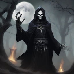 A male dark elf necromancer in a black tunic, summoning skeletons from the ground