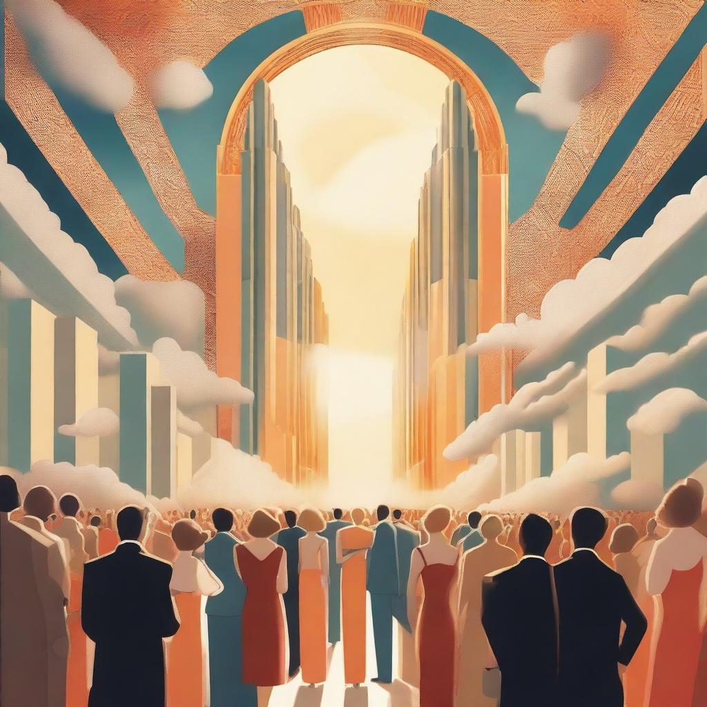 A breathtaking scene of the rapture, with people ascending towards a bright, fiery light into the sky, surrounded by clouds and a sense of divine presence