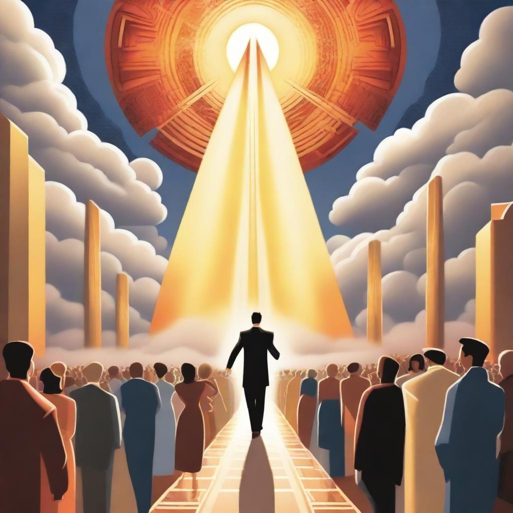 A breathtaking scene of the rapture, with people ascending towards a bright, fiery light into the sky, surrounded by clouds and a sense of divine presence