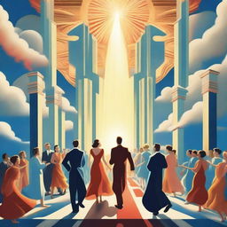 A breathtaking scene of the rapture, with people ascending towards a bright, fiery light into the sky, surrounded by clouds and a sense of divine presence