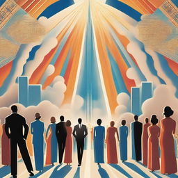 A breathtaking scene of the rapture, with people ascending towards a bright, fiery light into the sky, surrounded by clouds and a sense of divine presence