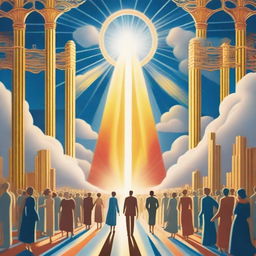 A breathtaking scene of the rapture, with people ascending towards a bright, fiery light into the sky, surrounded by clouds and a sense of divine presence