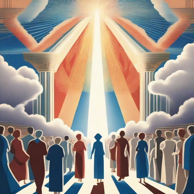 A breathtaking scene of the rapture, with people ascending towards a bright, fiery light into the sky, surrounded by clouds and a sense of divine presence