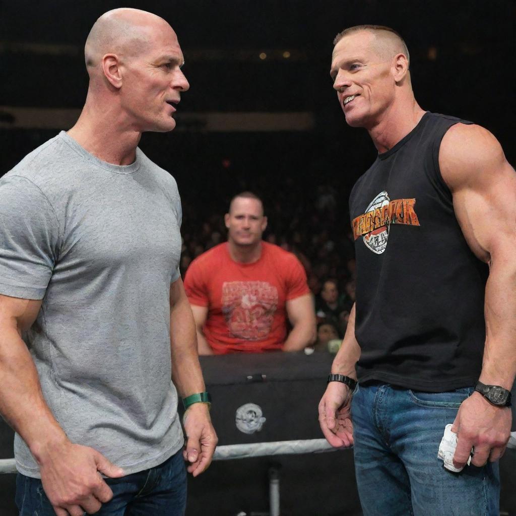 Johnny Sins and John Cena standing next to each other, both wearing casual attire and having a friendly conversation