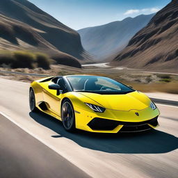 A sleek yellow Lamborghini car is driving on the road