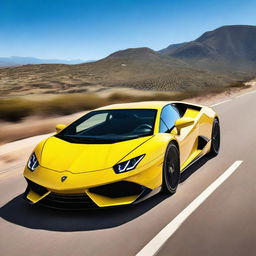 A sleek yellow Lamborghini car is driving on the road