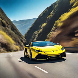 A sleek yellow Lamborghini car is driving on the road