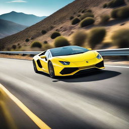 A sleek yellow Lamborghini car is driving on the road