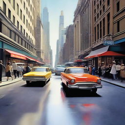 In the heart of a bustling city, two cars are positioned on a lively street as if they are ready to race