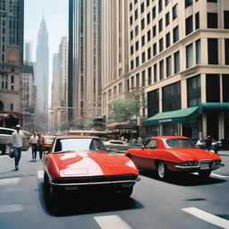 In the heart of a bustling city, two cars are positioned on a lively street