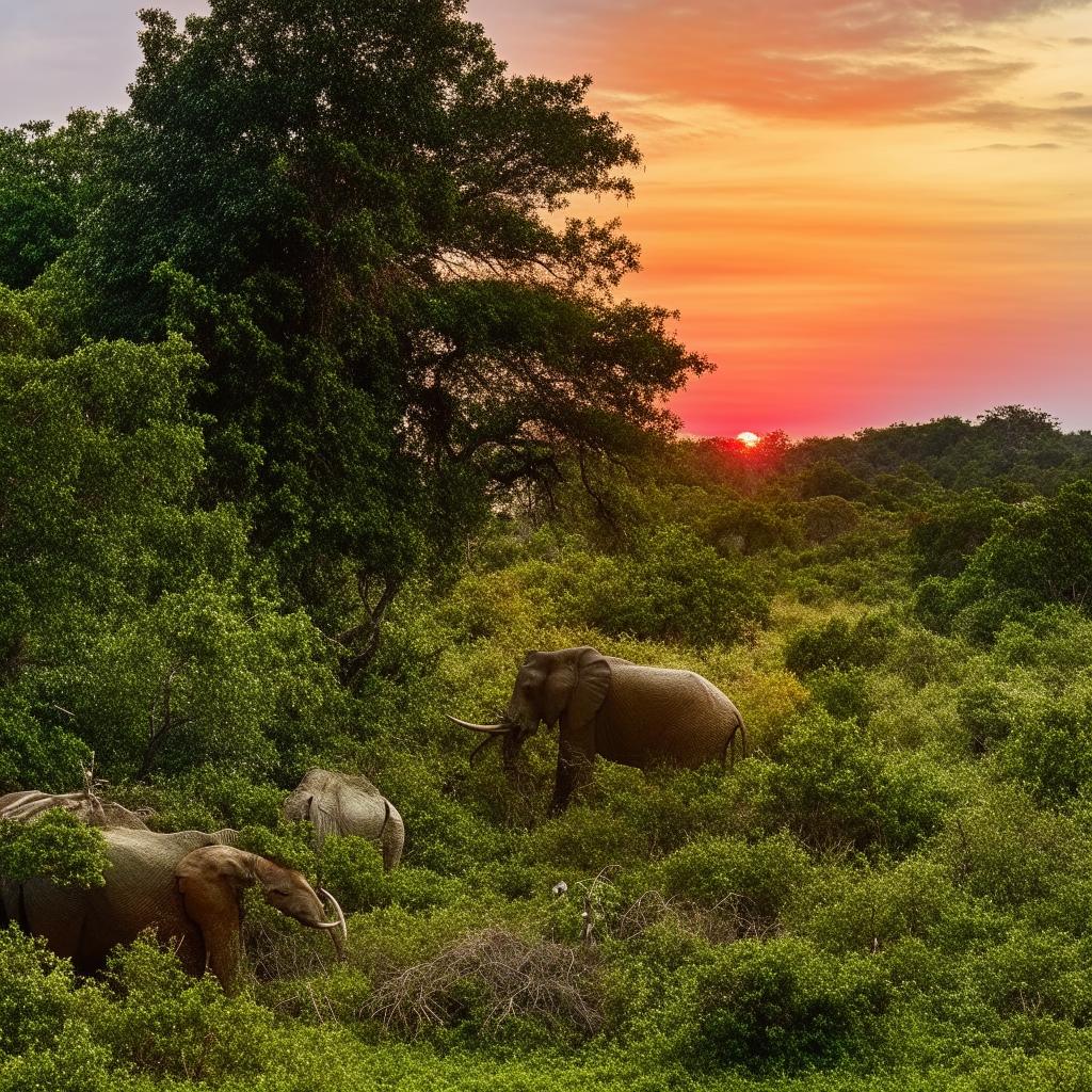 A vibrant and diverse ecosystem teeming with various forms of life. Lush green landscapes, wild animals in their natural habitats and a beautiful sunset.