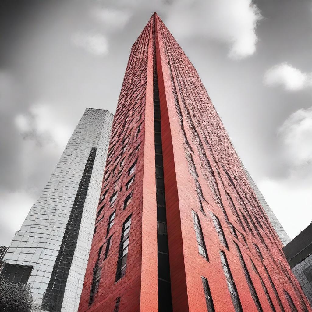 Create an image of a red brick skyscraper