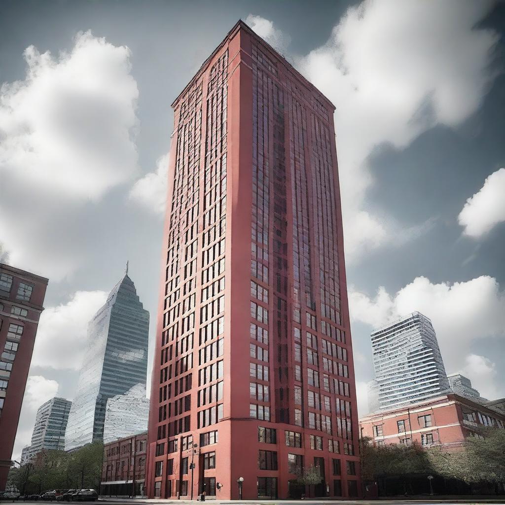 Create an image of a red brick skyscraper