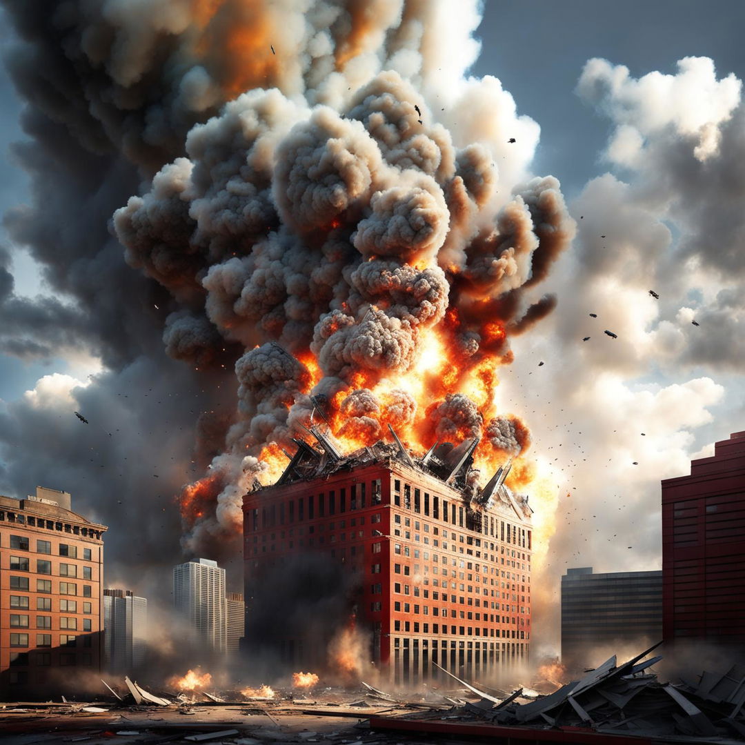 An image of a catastrophic scene involving a red brick skyscraper, a white airplane, and a massive explosion, with flames, smoke, debris, and dark clouds creating a sense of chaos and destruction