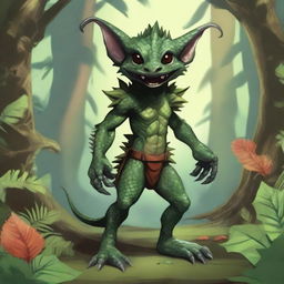 A detailed illustration of a kobold, a small reptilian humanoid creature with scaly skin, sharp teeth, and a mischievous expression