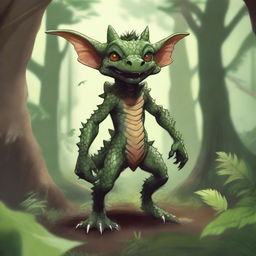 A detailed illustration of a kobold, a small reptilian humanoid creature with scaly skin, sharp teeth, and a mischievous expression