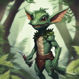 A detailed illustration of a kobold, a small reptilian humanoid creature with scaly skin, sharp teeth, and a mischievous expression