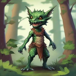 A detailed illustration of a kobold, a small reptilian humanoid creature with scaly skin, sharp teeth, and a mischievous expression