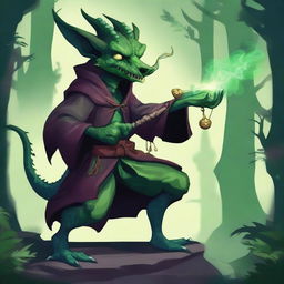 A detailed illustration of a kobold sorcerer with green dragon blood, featuring a poisonous tail