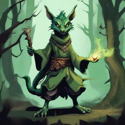 A detailed illustration of a kobold sorcerer with green dragon blood, featuring a poisonous tail