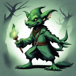 A detailed illustration of a kobold sorcerer with green dragon blood, featuring a poisonous tail