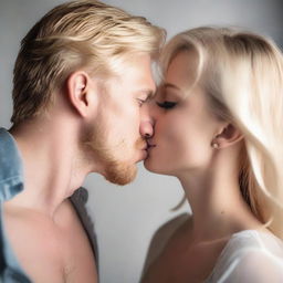 A detailed image of a full blonde model engaged in a kiss