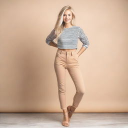 A full-body image of a petite blonde model in a playful and flirtatious pose