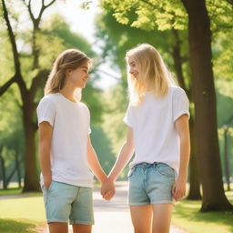 A 22-year-old guy with shoulder-length long hair, wearing only shorts, holding hands with a 20-year-old girl with long blonde hair