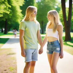 A 22-year-old guy with shoulder-length long hair, wearing only shorts, holding hands with a 20-year-old girl with long blonde hair