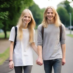 A 24-year-old man with shoulder-length long blonde hair, wearing grungy clothes, holding hands with a 21-year-old woman with long blonde hair