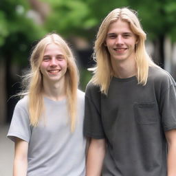 A 24-year-old man with shoulder-length long blonde hair, wearing grungy clothes, holding hands with a 21-year-old woman with long blonde hair