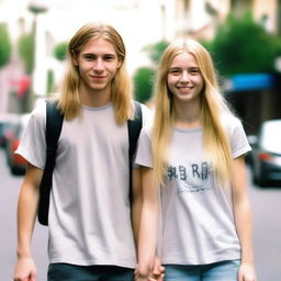 A 24-year-old man with shoulder-length long blonde hair, wearing grungy clothes, holding hands with a 21-year-old woman with long blonde hair