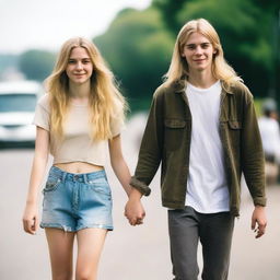 A 24-year-old man with shoulder-length long blonde hair, wearing grungy clothes, holding hands with a 21-year-old woman with long blonde hair